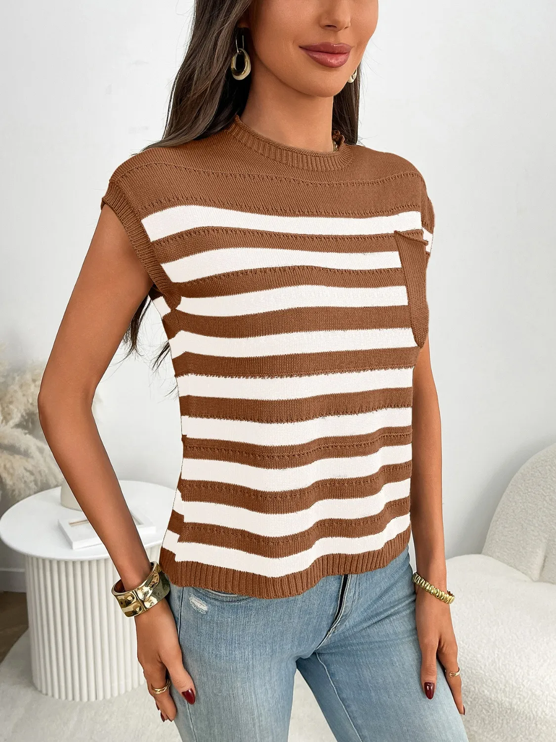 Striped Mock Neck Cap Sleeve Knit Top - Image 4