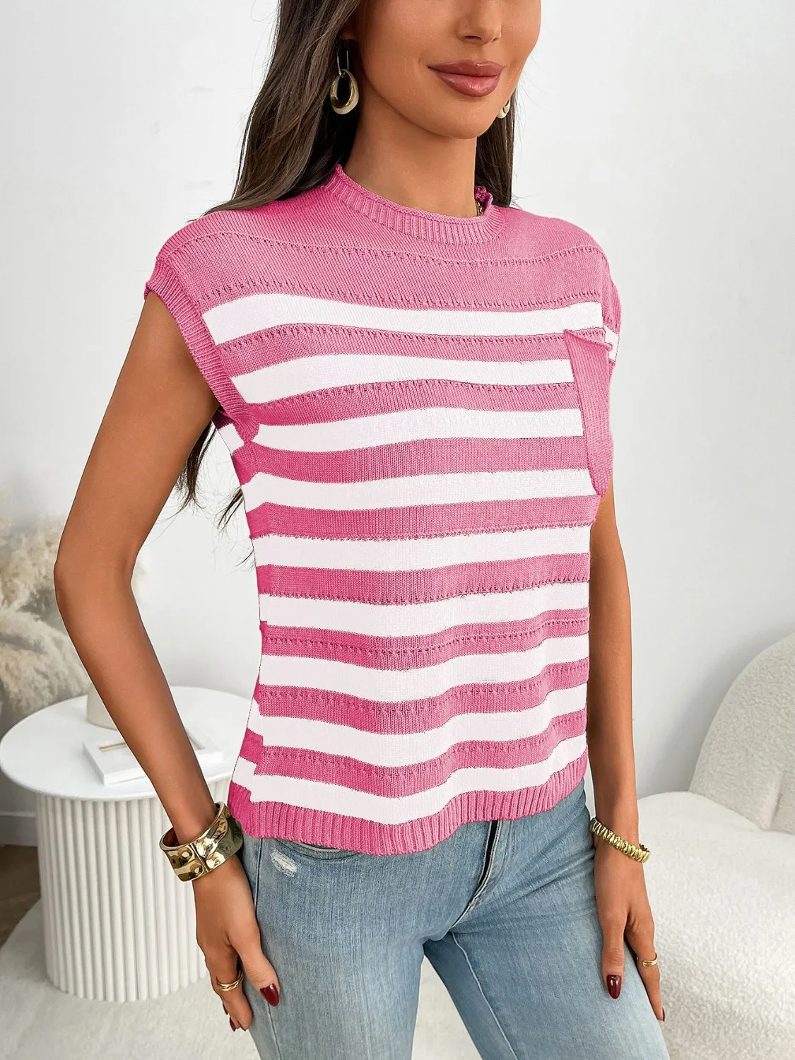 Striped Mock Neck Cap Sleeve Knit Top - Image 9