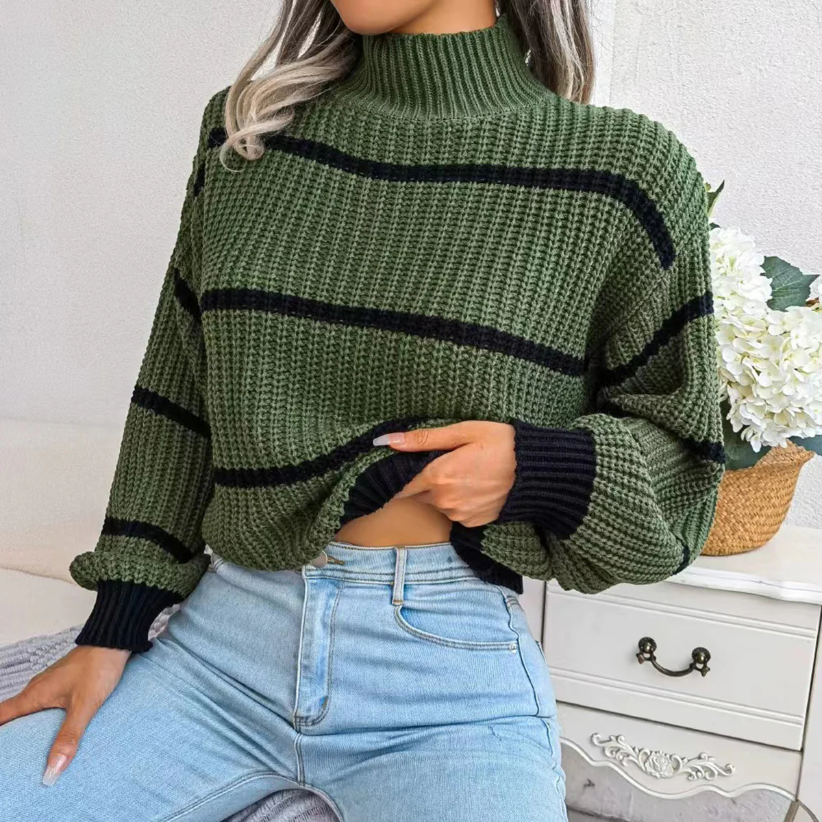Striped Mock Neck Dropped Shoulder Sweater - Image 8