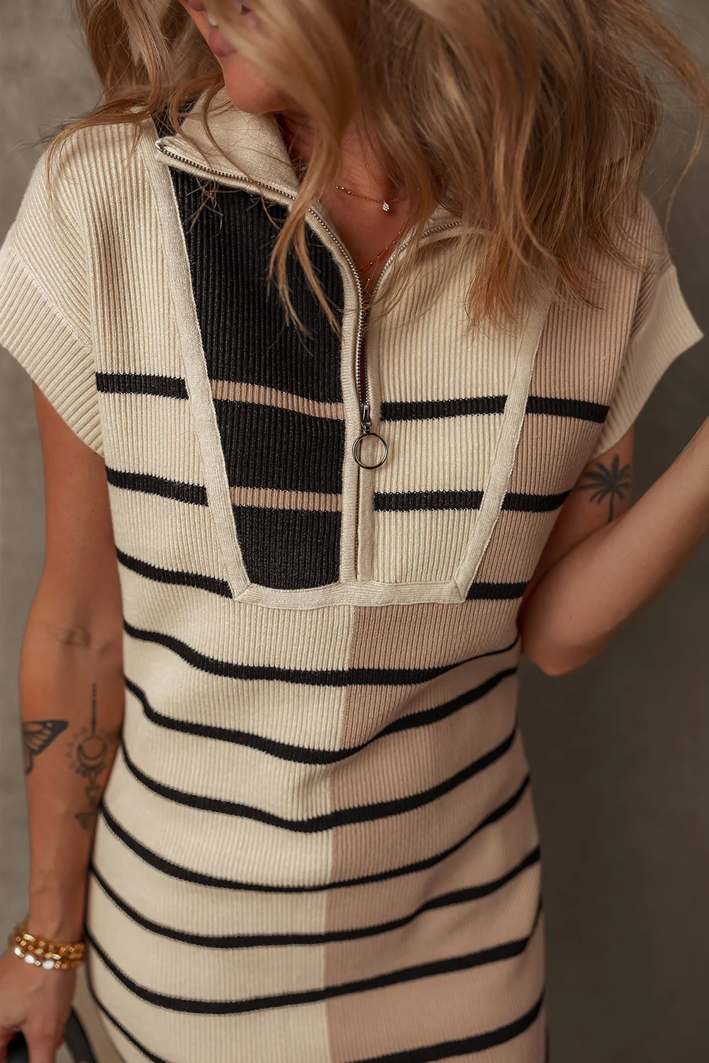Striped Quarter Zip Cap Sleeve Sweater Dress - Image 14