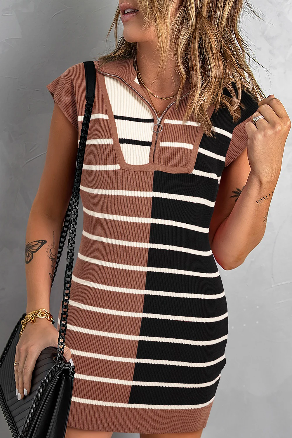 Striped Quarter Zip Cap Sleeve Sweater Dress - Image 22