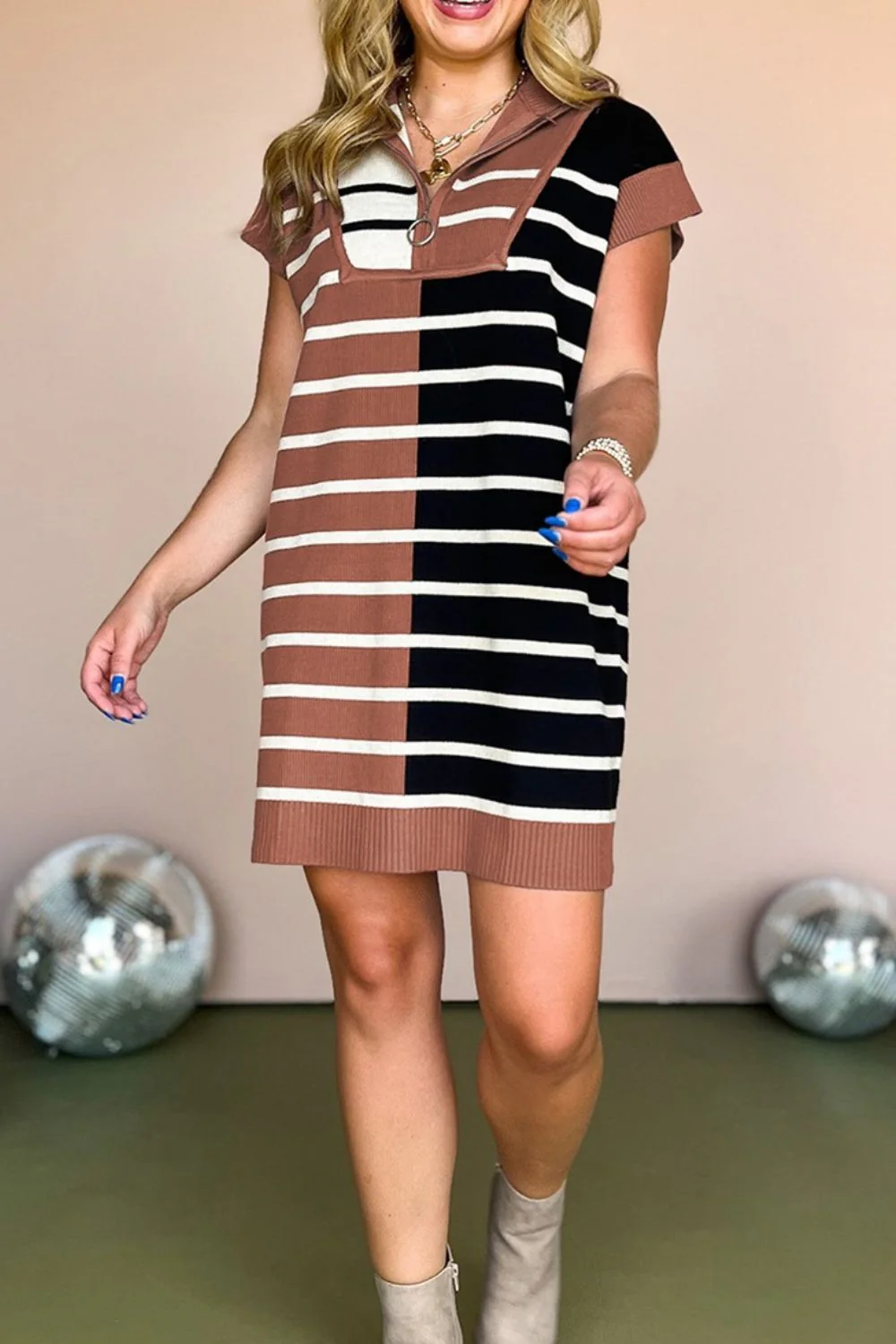 Striped Quarter Zip Cap Sleeve Sweater Dress - Image 25