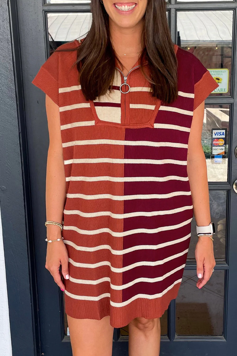 Striped Quarter Zip Cap Sleeve Sweater Dress - Image 3