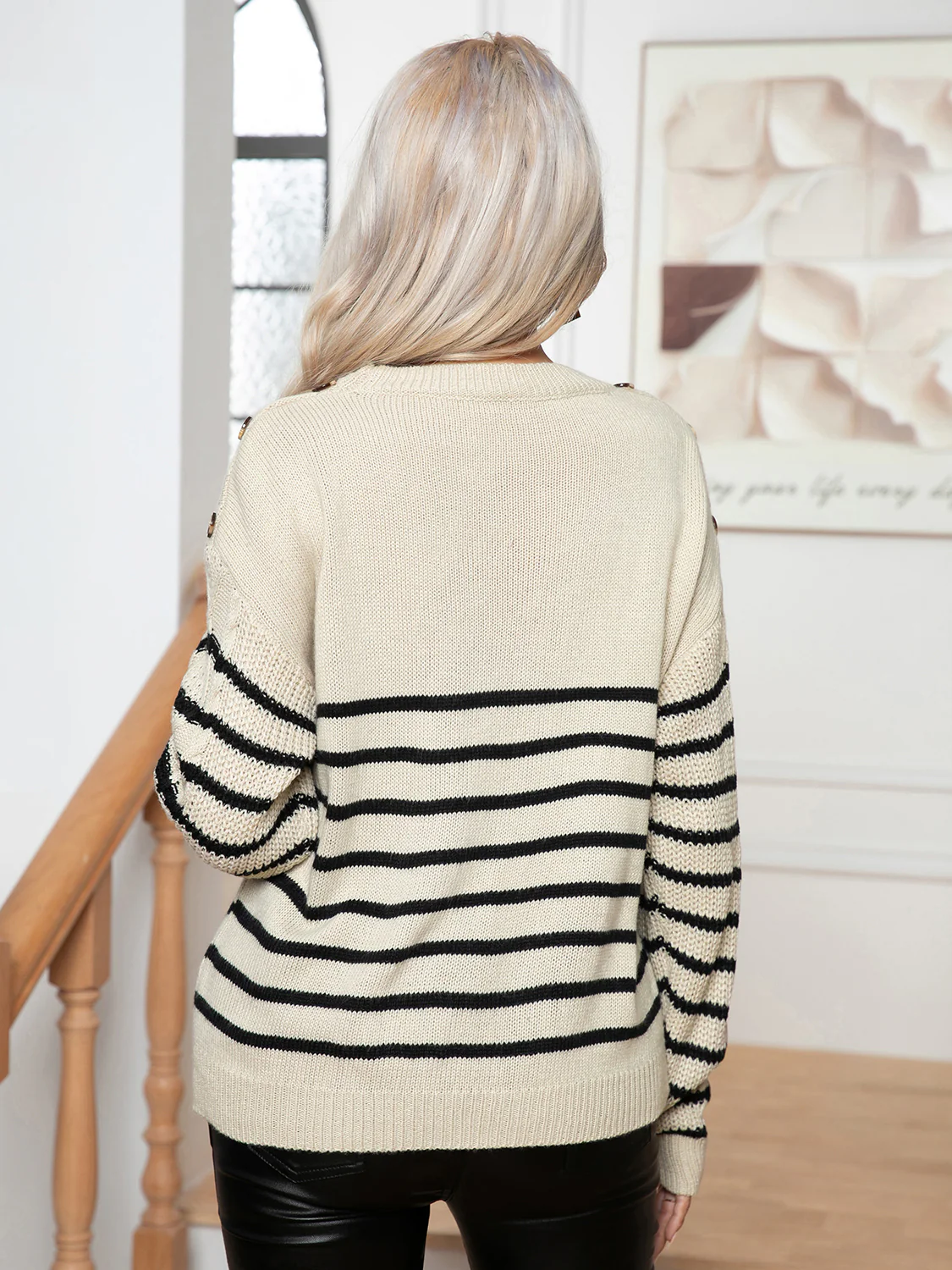 Striped Round Neck Cable-Knit Sweater - Image 2