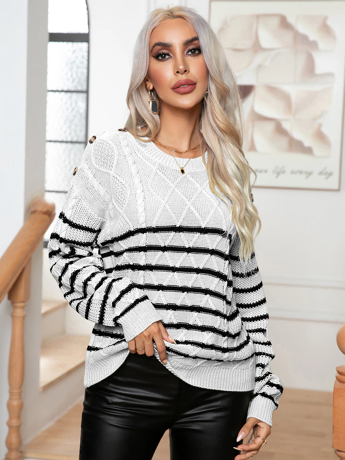 Striped Round Neck Cable-Knit Sweater - Image 5