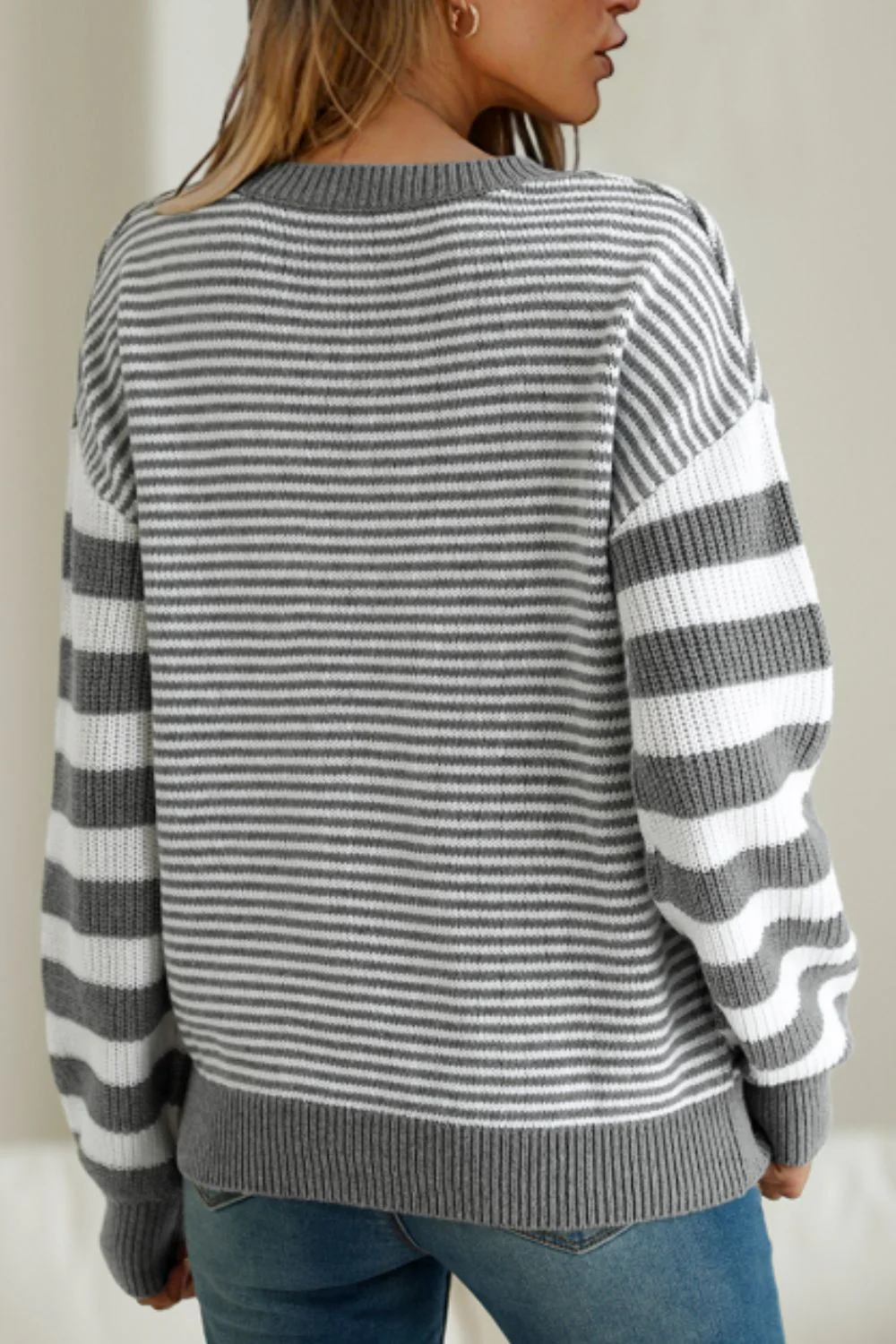 Striped Round Neck Dropped Shoulder Sweater - Image 16