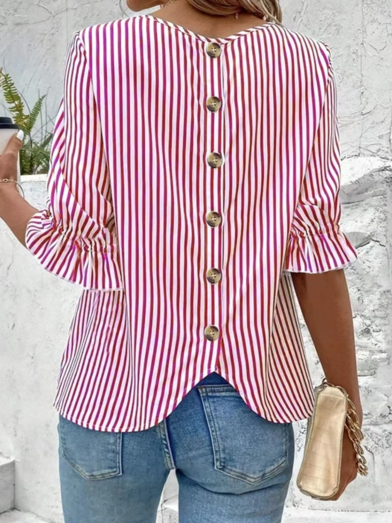 Striped Round Neck Half Sleeve Casual Blouse - Image 9