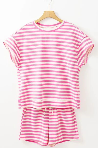 Striped Round Neck T-Shirt and Drawstring Shorts Set - Image 6