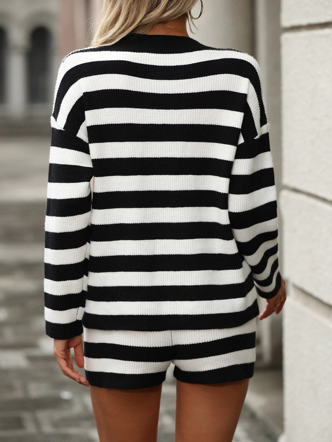Striped Round Neck Top and Shorts Sweater Set - Image 4