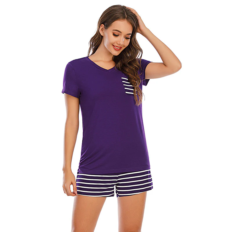Striped Short Sleeve Top and Shorts Lounge Set - Image 22