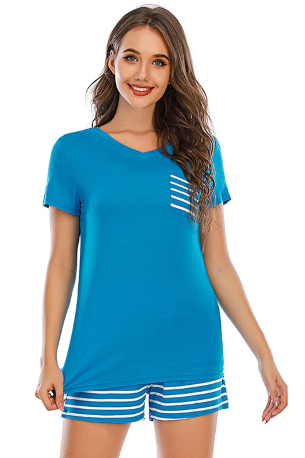Striped Short Sleeve Top and Shorts Lounge Set - Image 23