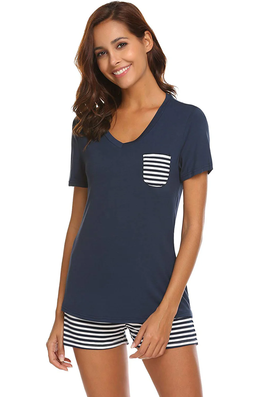 Striped Short Sleeve Top and Shorts Lounge Set - Image 4