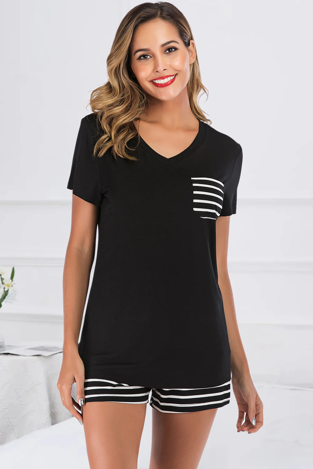 Striped Short Sleeve Top and Shorts Lounge Set - Image 5