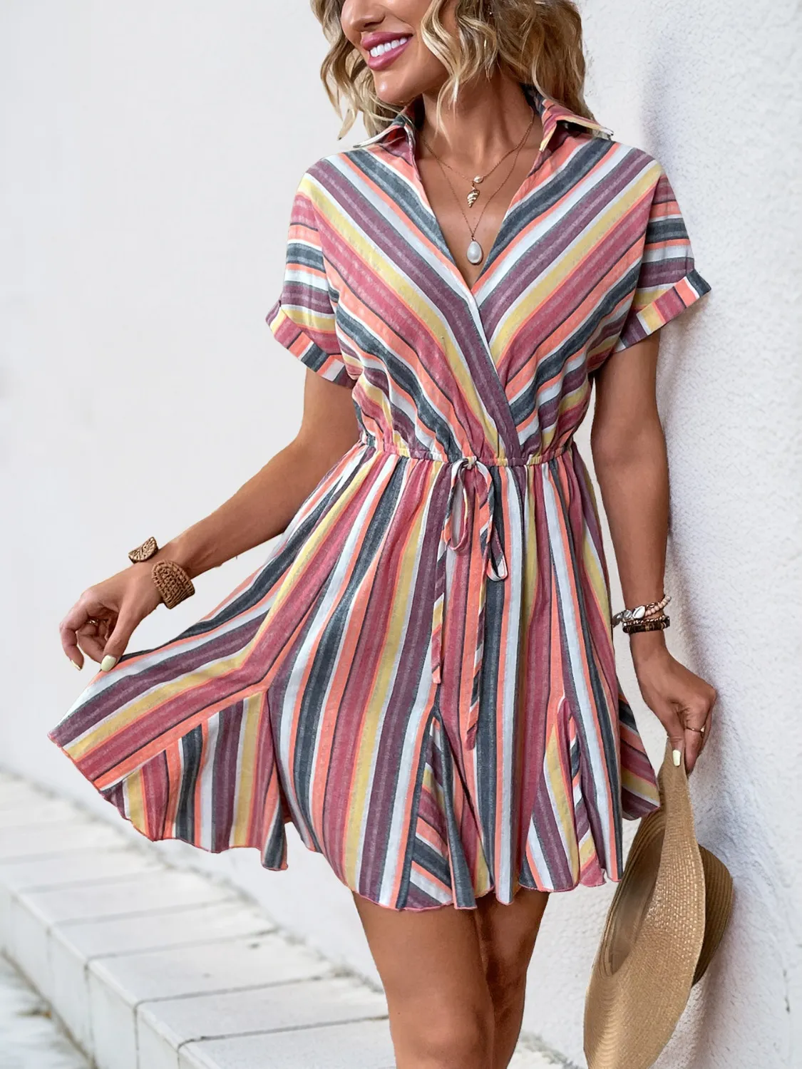 Striped Surplice Short Sleeve Dress - Image 2