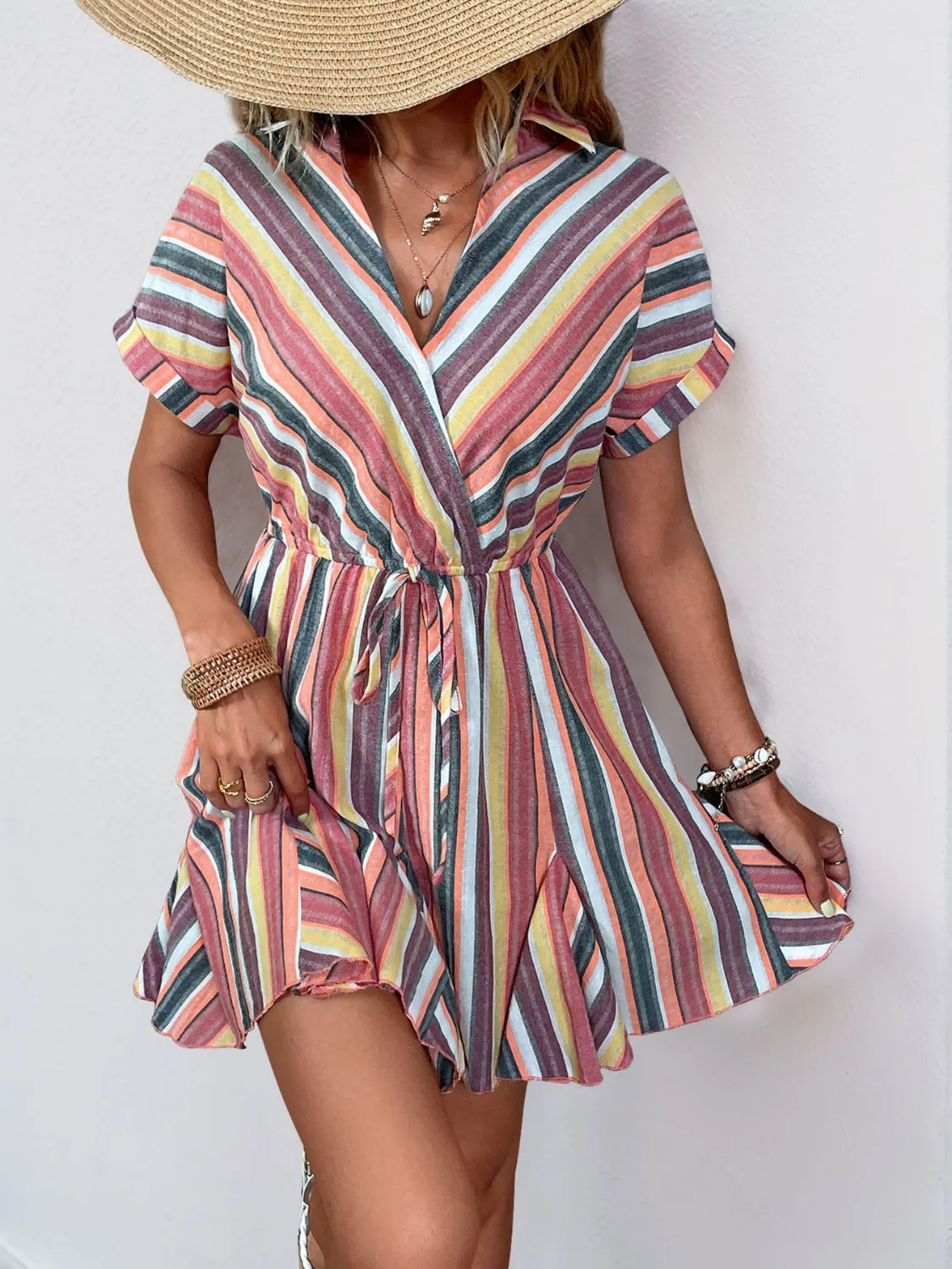 Striped Surplice Short Sleeve Dress - Image 3