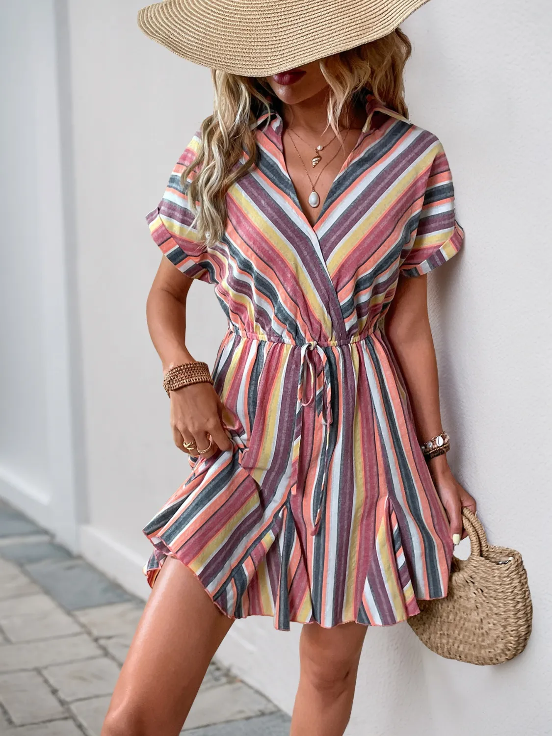 Striped Surplice Short Sleeve Dress - Image 5