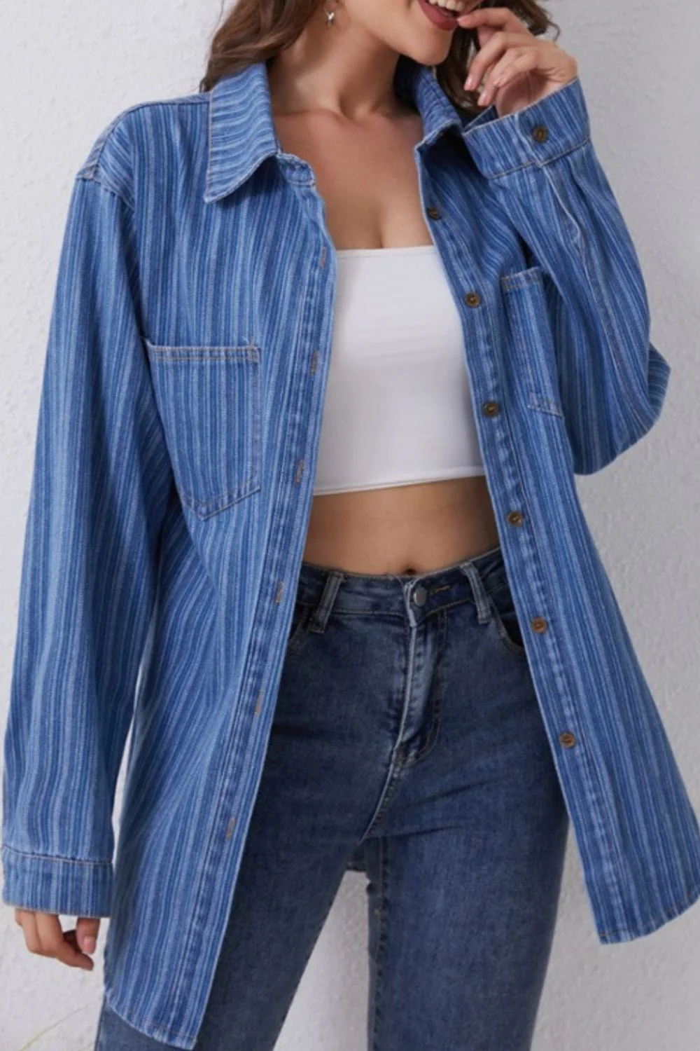 Striped Texture Collared Neck Denim Top - Image 3