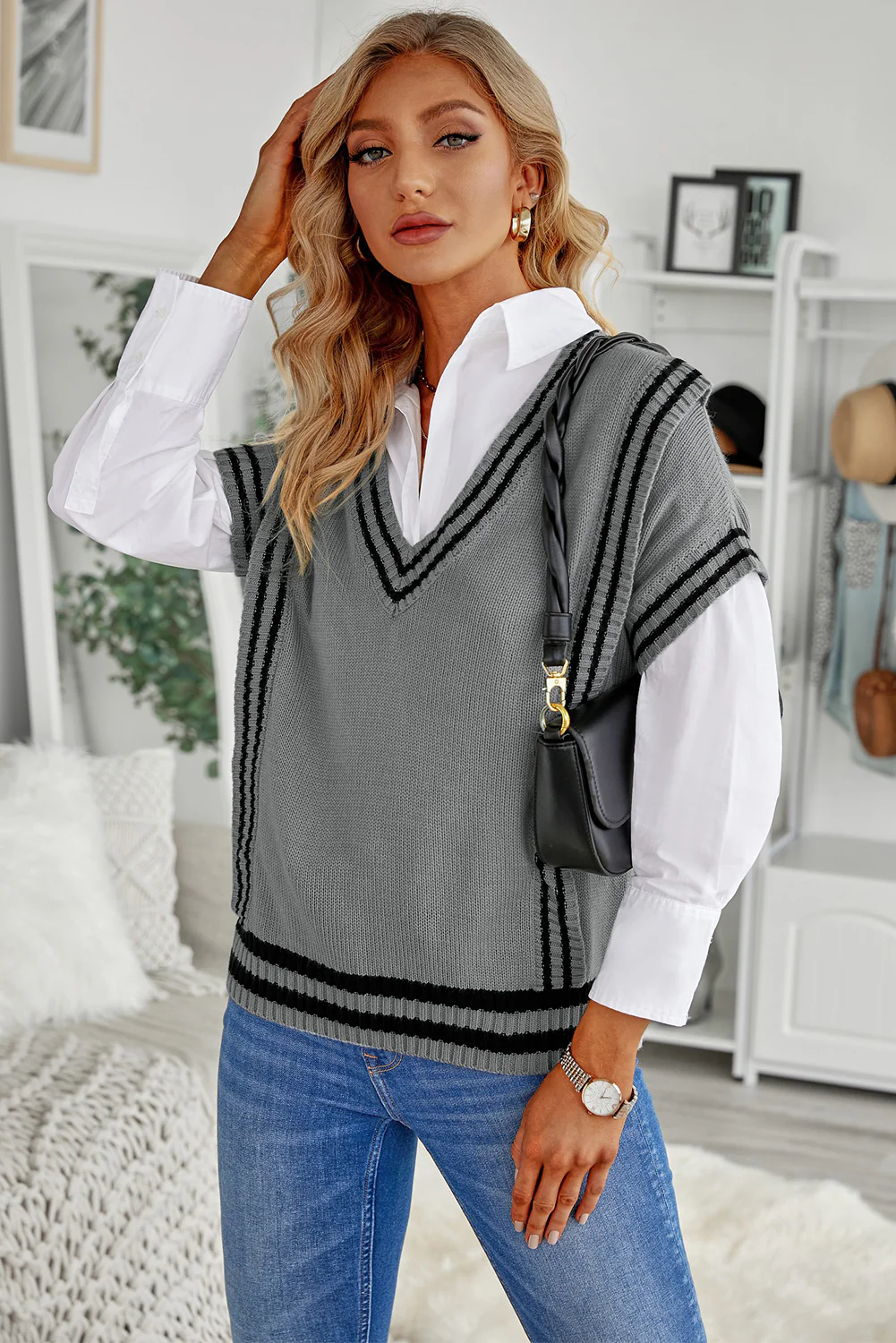 Striped Trim V-Neck Sweater Vest - Image 12