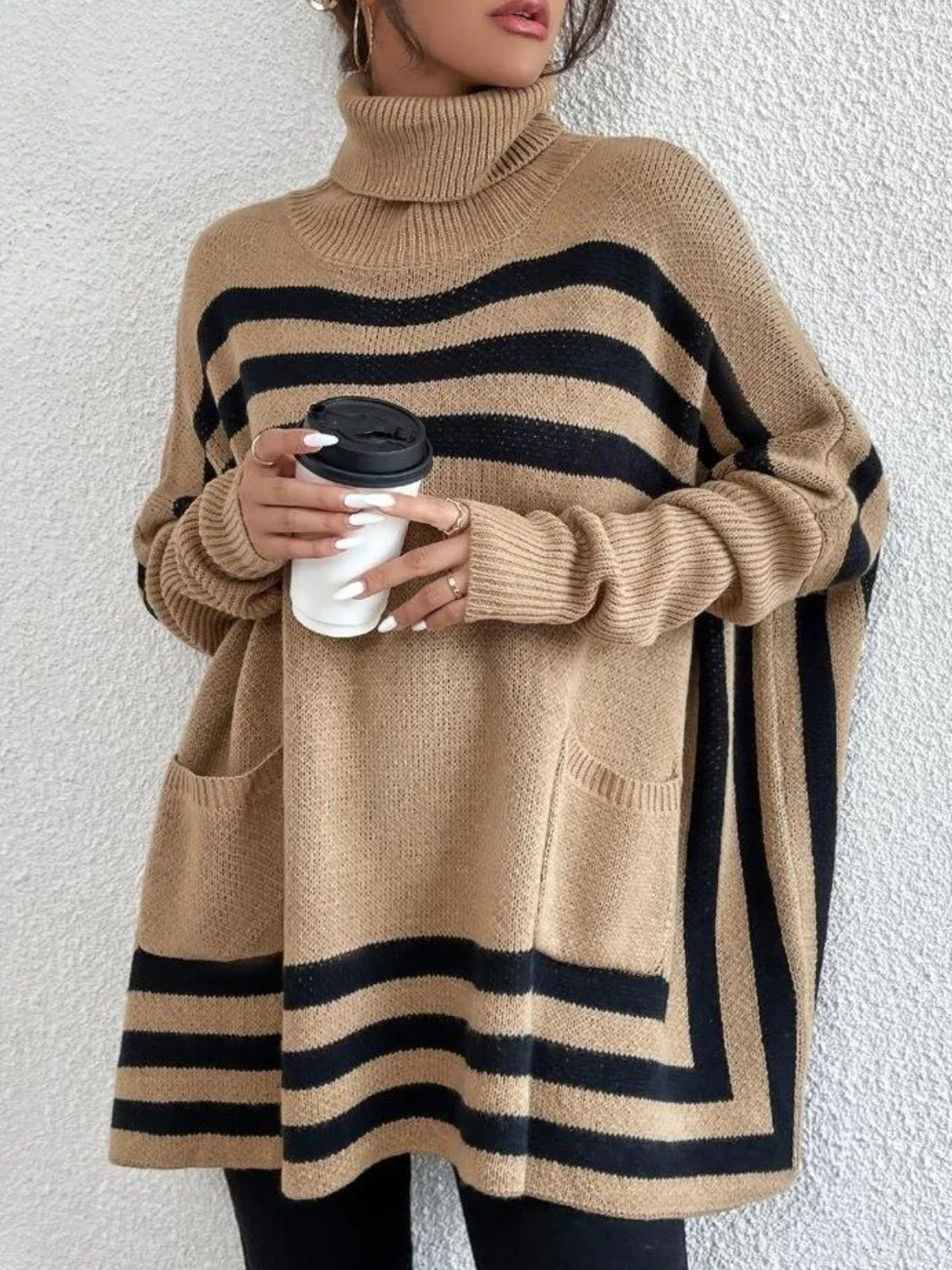 Striped Turtleneck Batwing Sleeve Sweater with Pockets - Image 5
