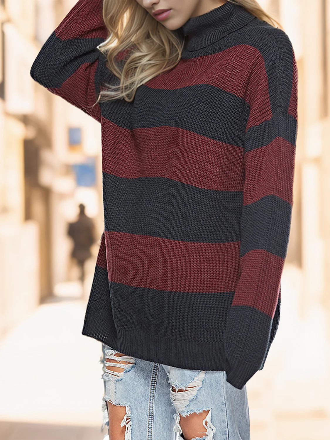 Striped Turtleneck Long Sleeve Sweater - Image 3