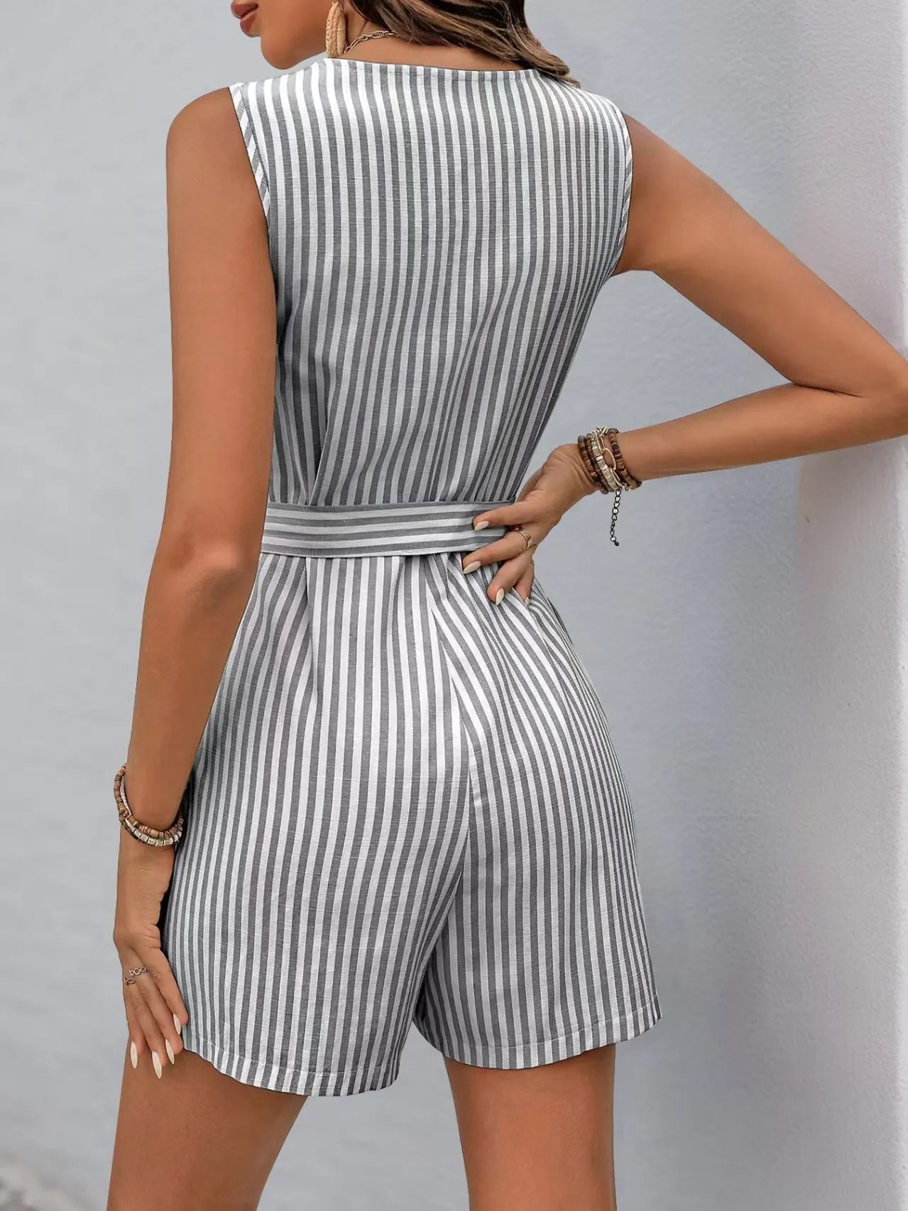 Striped V-neck Button Front Belted Romper - Image 15