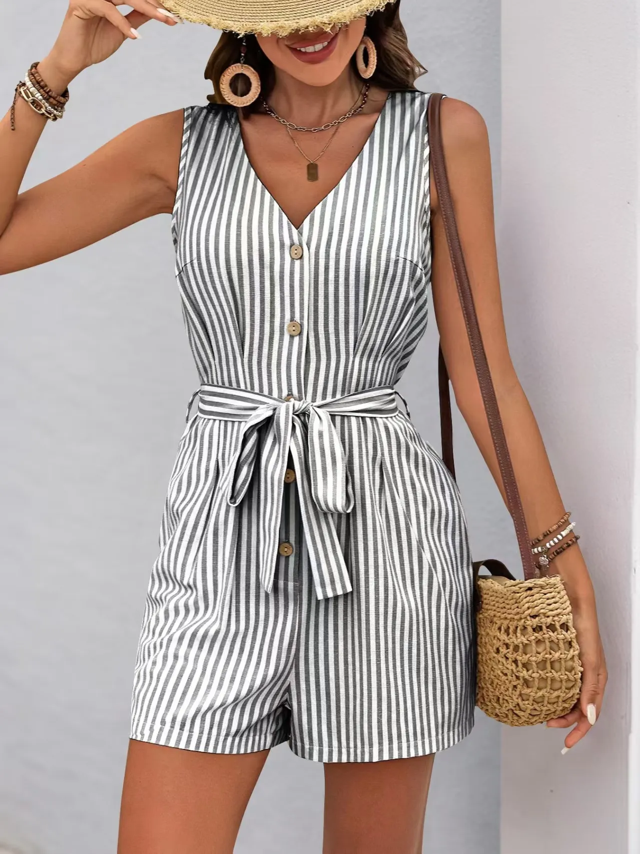 Striped V-neck Button Front Belted Romper - Image 20