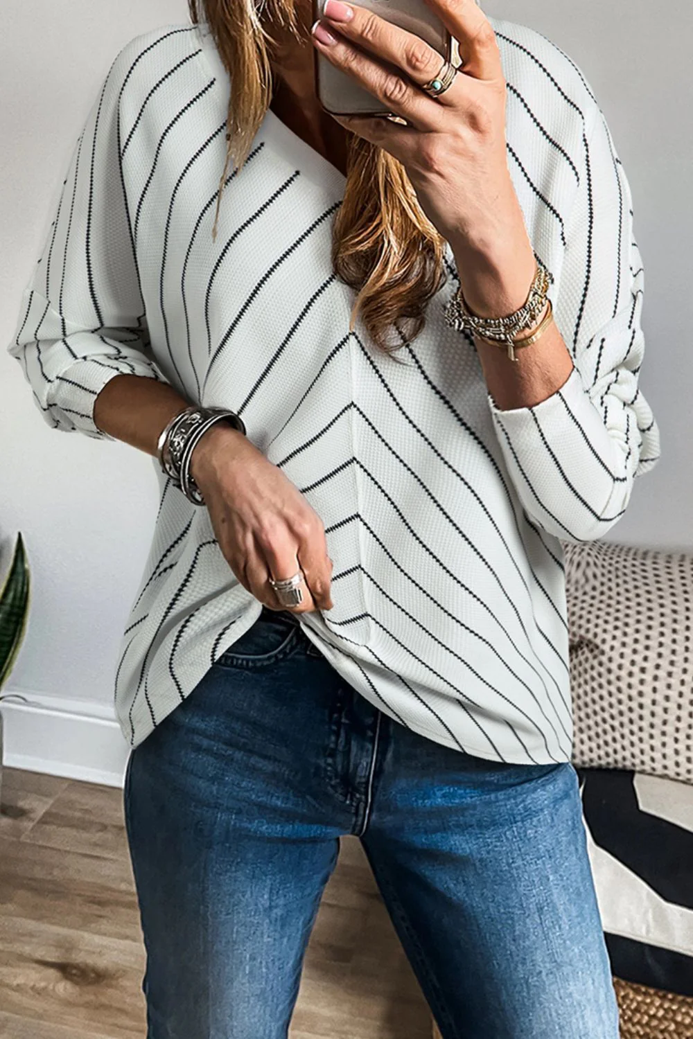 Striped V-Neck Long Sleeve Blouse - Image 3