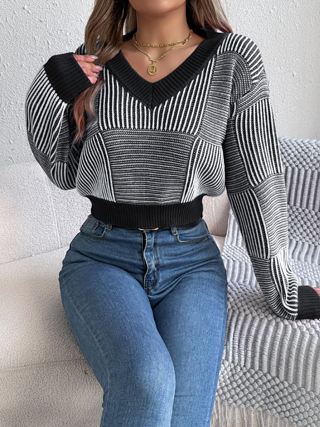 Striped V-Neck Long Sleeve Sweater - Image 2
