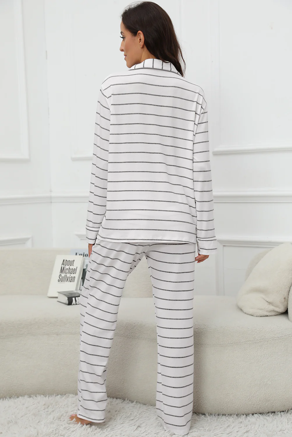 Striped V-Neck Long Sleeve Top and Pants Lounge Set - Image 4