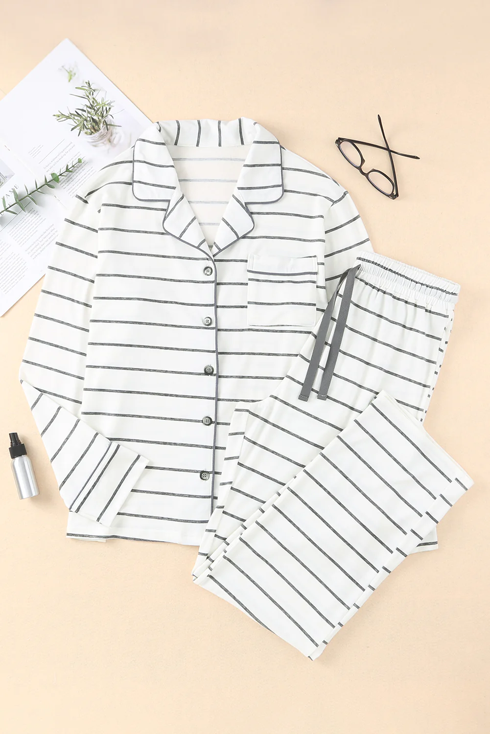 Striped V-Neck Long Sleeve Top and Pants Lounge Set - Image 6