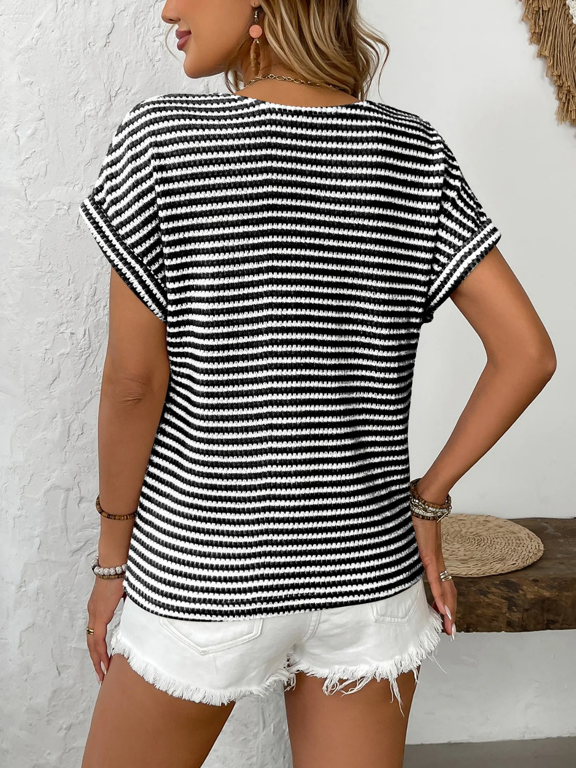 Striped V-Neck Short Sleeve T-Shirt - Image 2