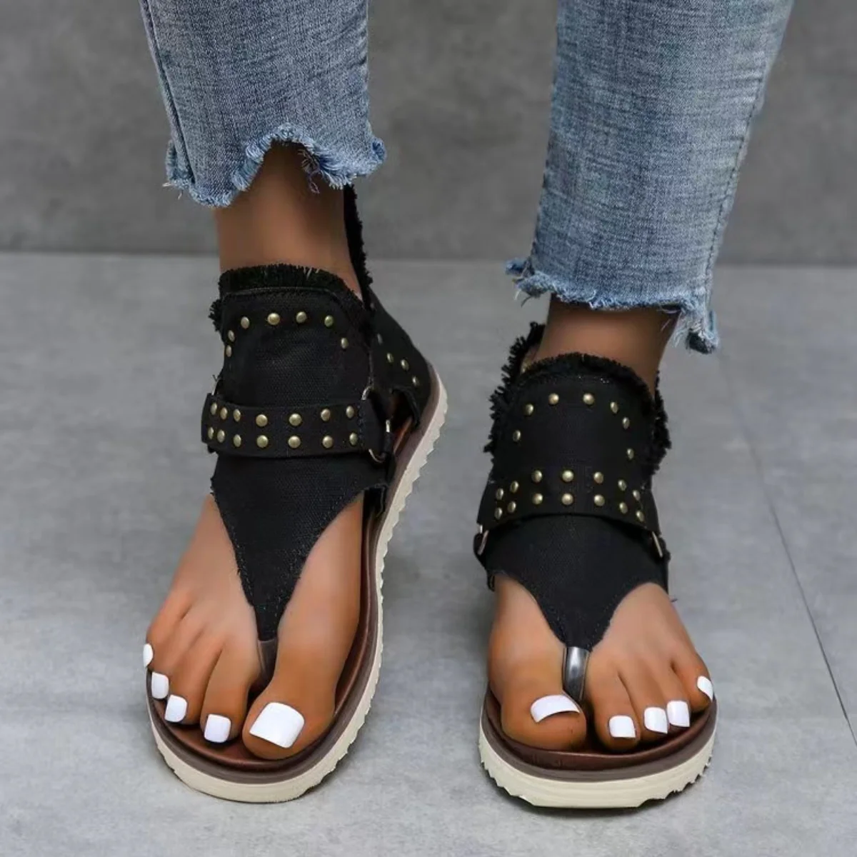 Studded Raw Hem Flat Sandals - Image 10