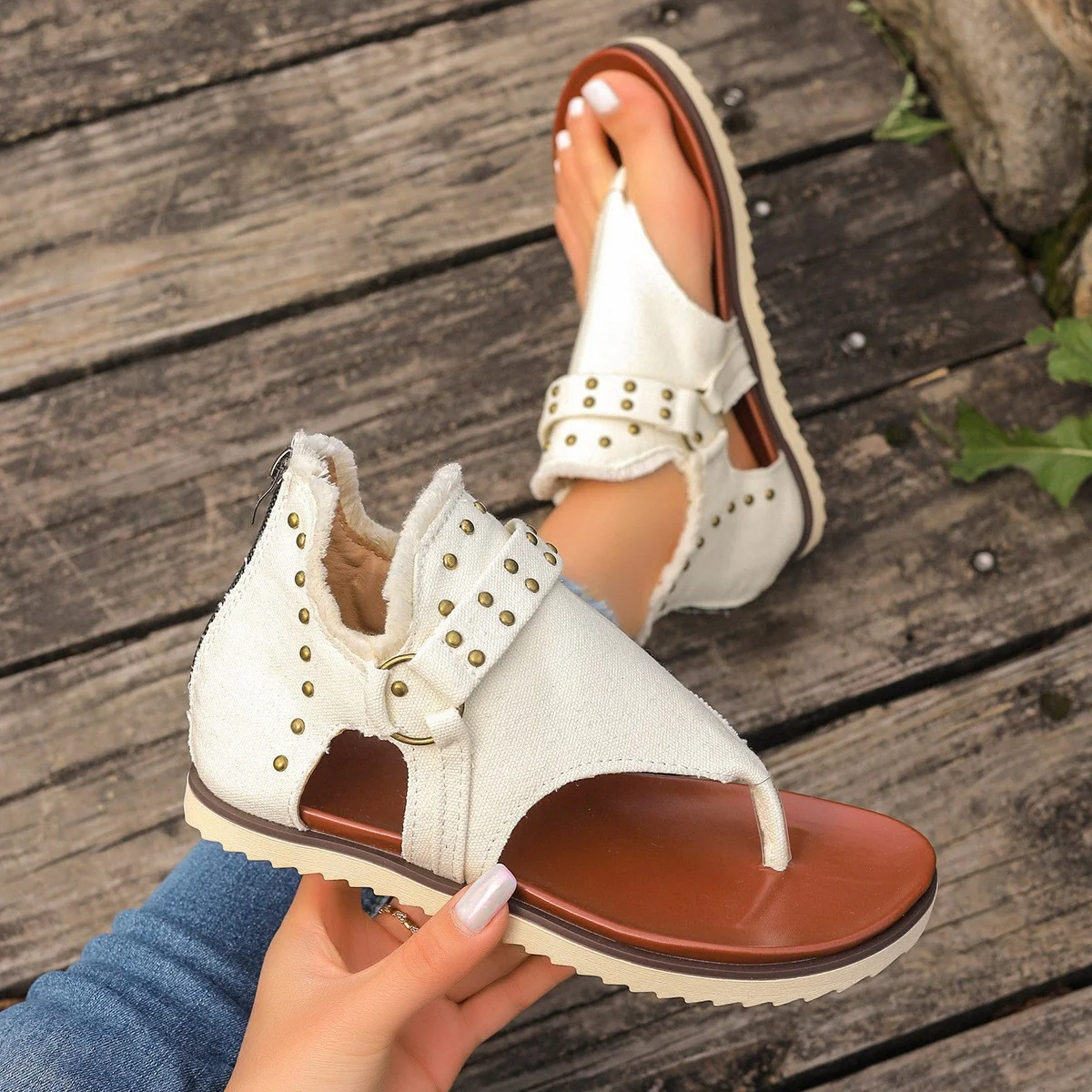Studded Raw Hem Flat Sandals - Image 7