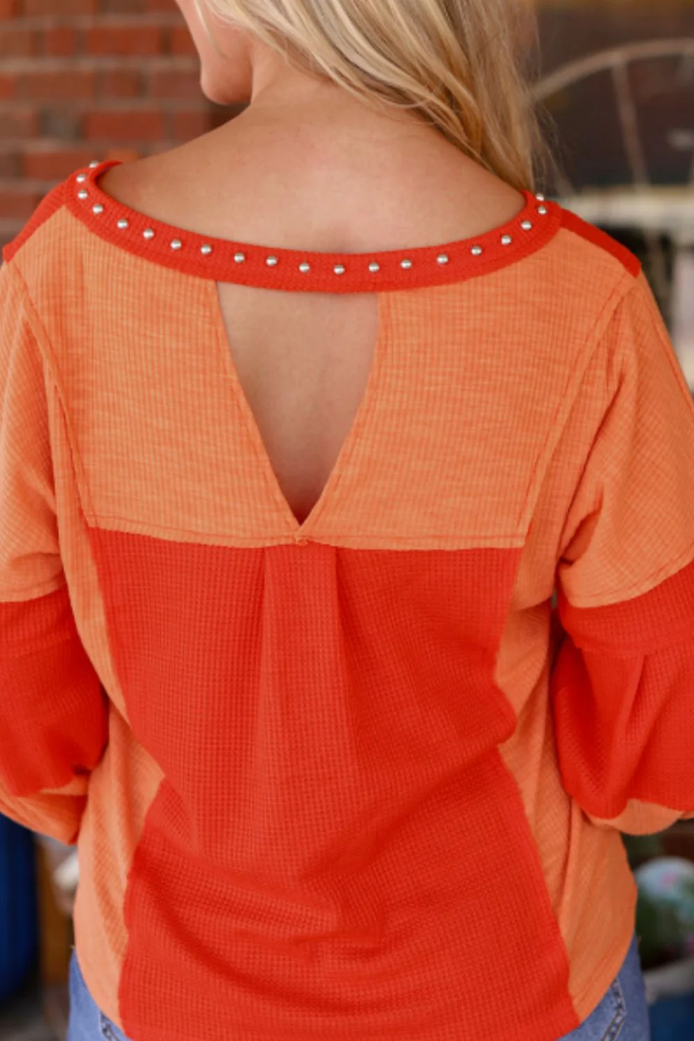 Studded Waffle-Knit V-Neck Long Sleeve Top - Image 2