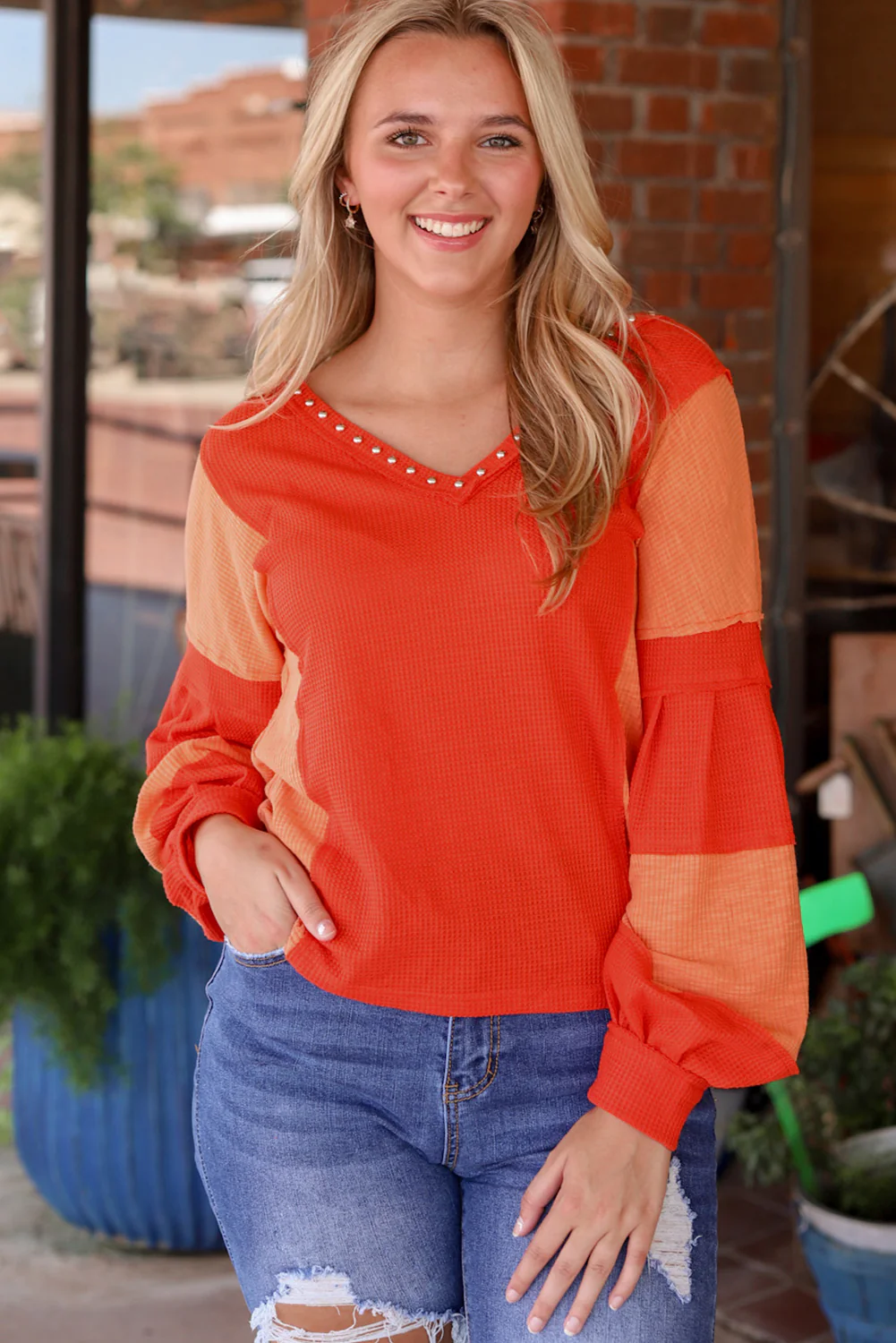 Studded Waffle-Knit V-Neck Long Sleeve Top - Image 3