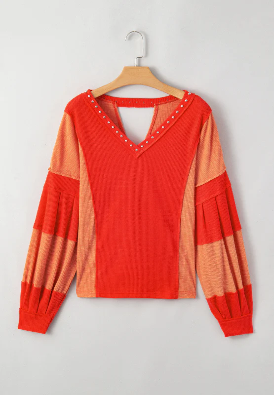 Studded Waffle-Knit V-Neck Long Sleeve Top - Image 5