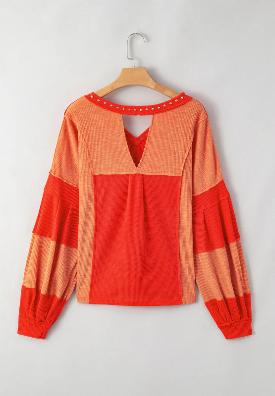 Studded Waffle-Knit V-Neck Long Sleeve Top - Image 6
