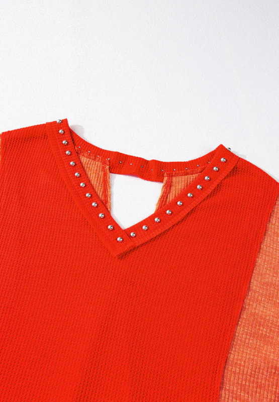 Studded Waffle-Knit V-Neck Long Sleeve Top - Image 7