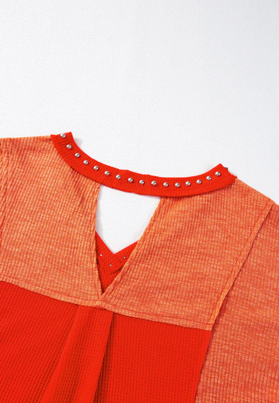 Studded Waffle-Knit V-Neck Long Sleeve Top - Image 8