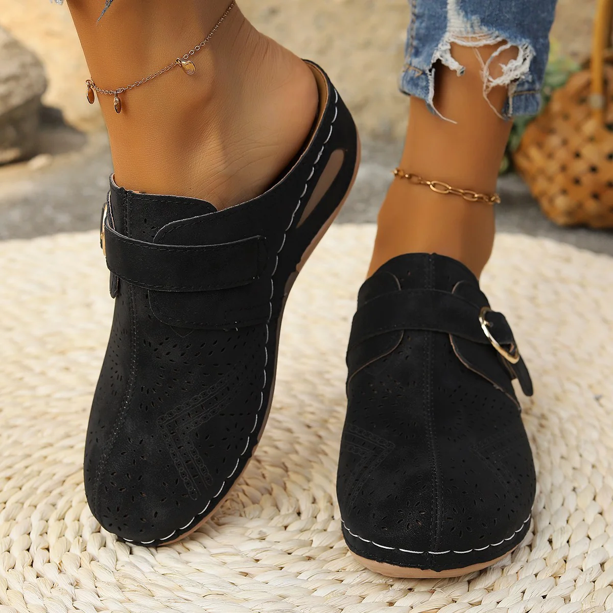 Suede Round Toe Wedge Sandals - Image 8