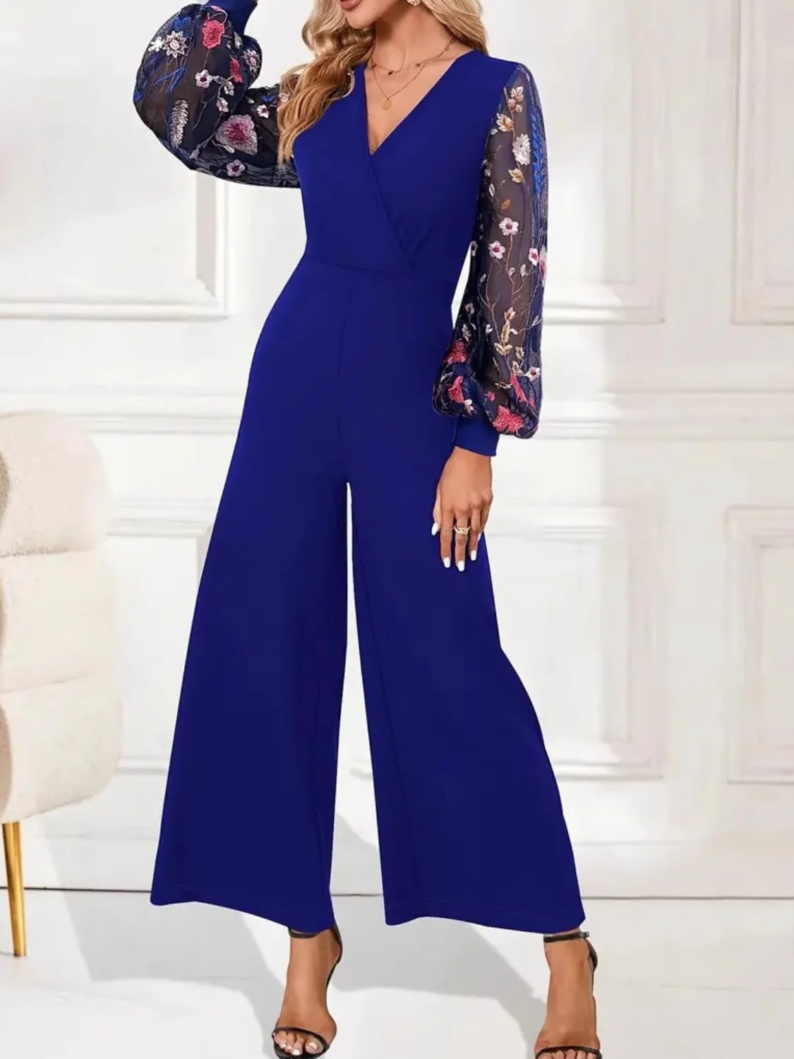 Surplice Embroidered Long Sleeve Wide Leg Jumpsuit - Image 4