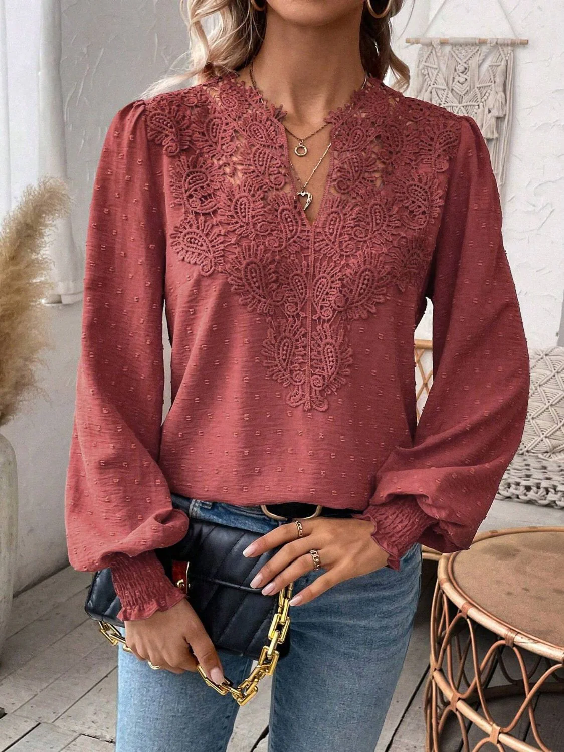 Swiss Dot Lace Detail Notched Long Sleeve Blouse - Image 10
