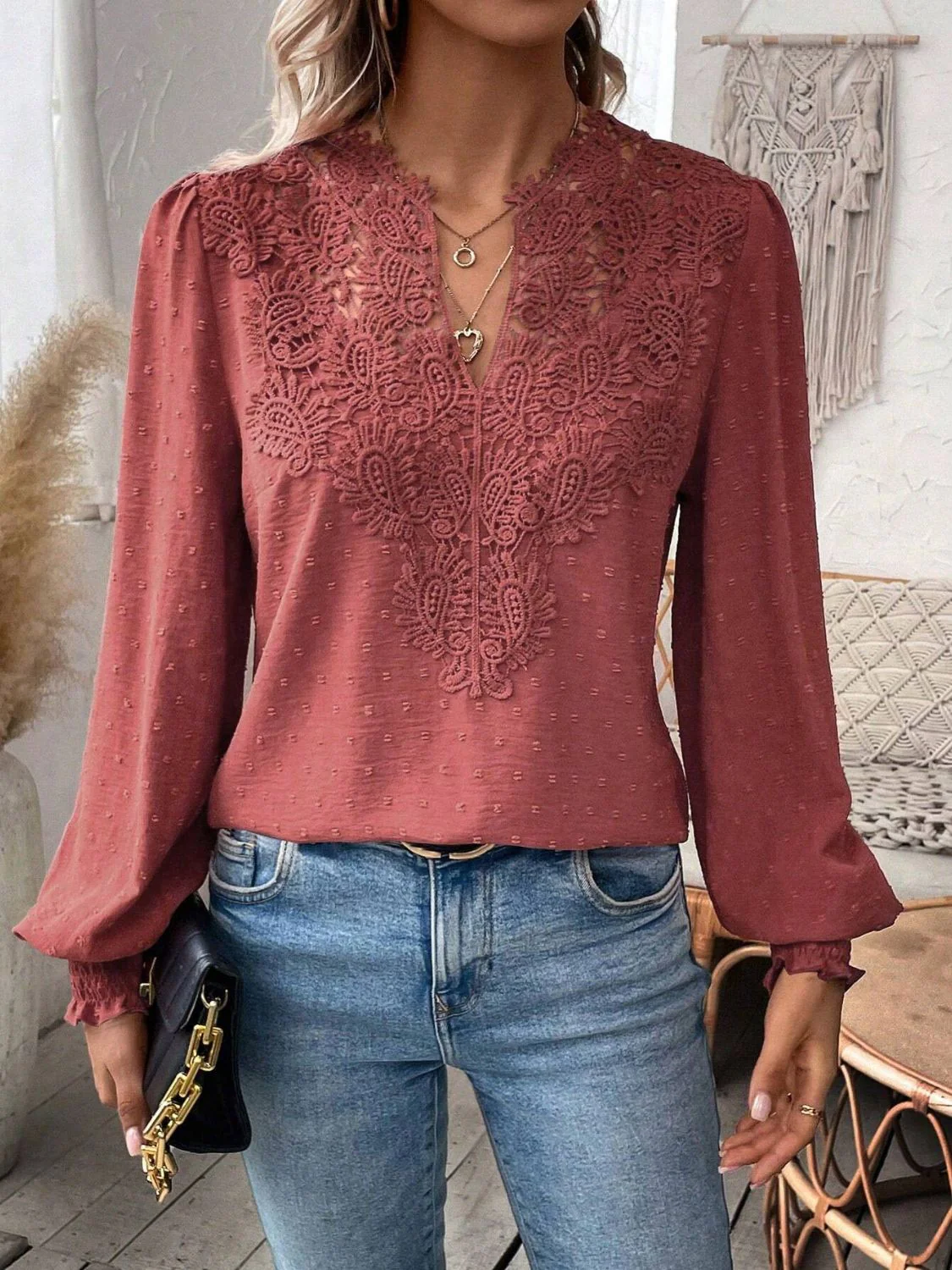 Swiss Dot Lace Detail Notched Long Sleeve Blouse - Image 11