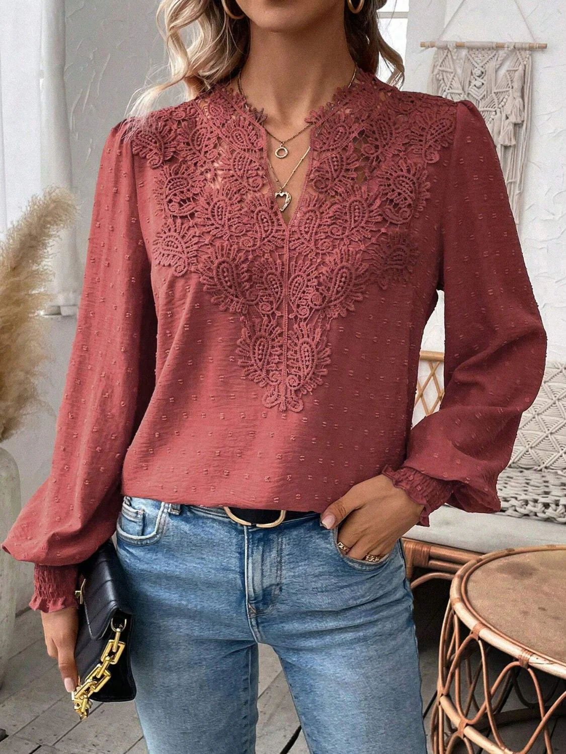 Swiss Dot Lace Detail Notched Long Sleeve Blouse - Image 12