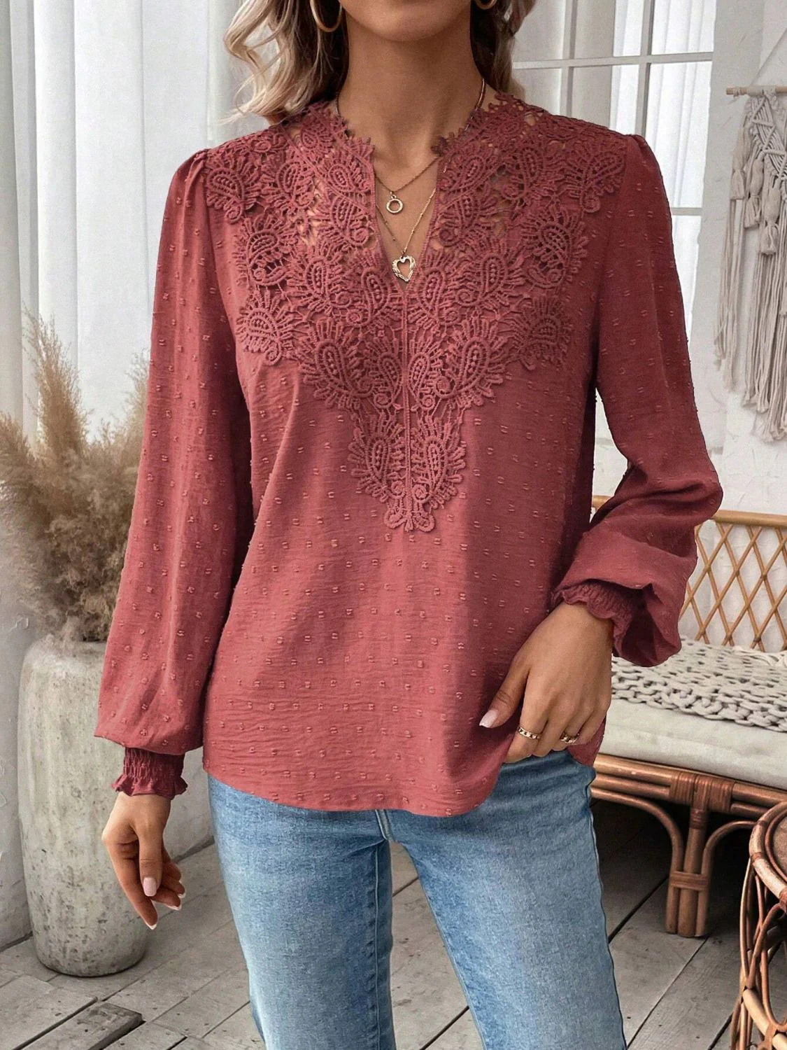 Swiss Dot Lace Detail Notched Long Sleeve Blouse - Image 13