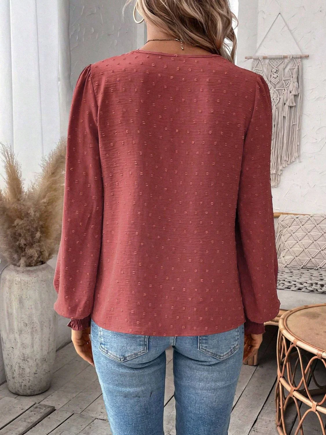 Swiss Dot Lace Detail Notched Long Sleeve Blouse - Image 14