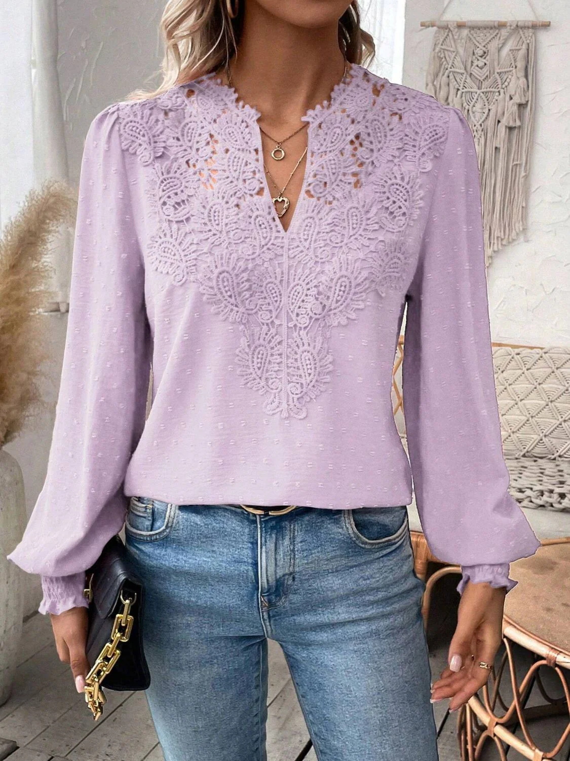 Swiss Dot Lace Detail Notched Long Sleeve Blouse - Image 15