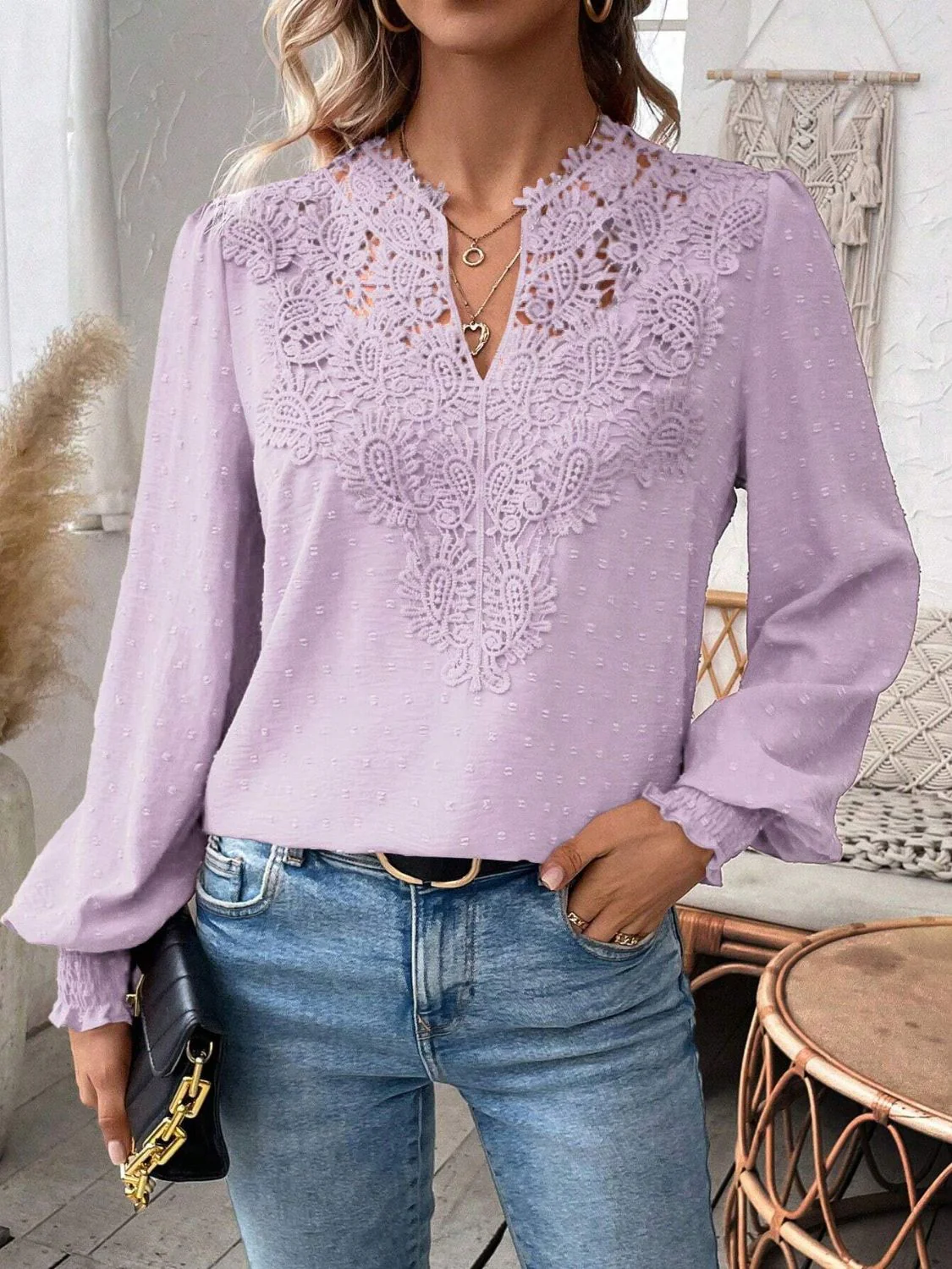 Swiss Dot Lace Detail Notched Long Sleeve Blouse - Image 16