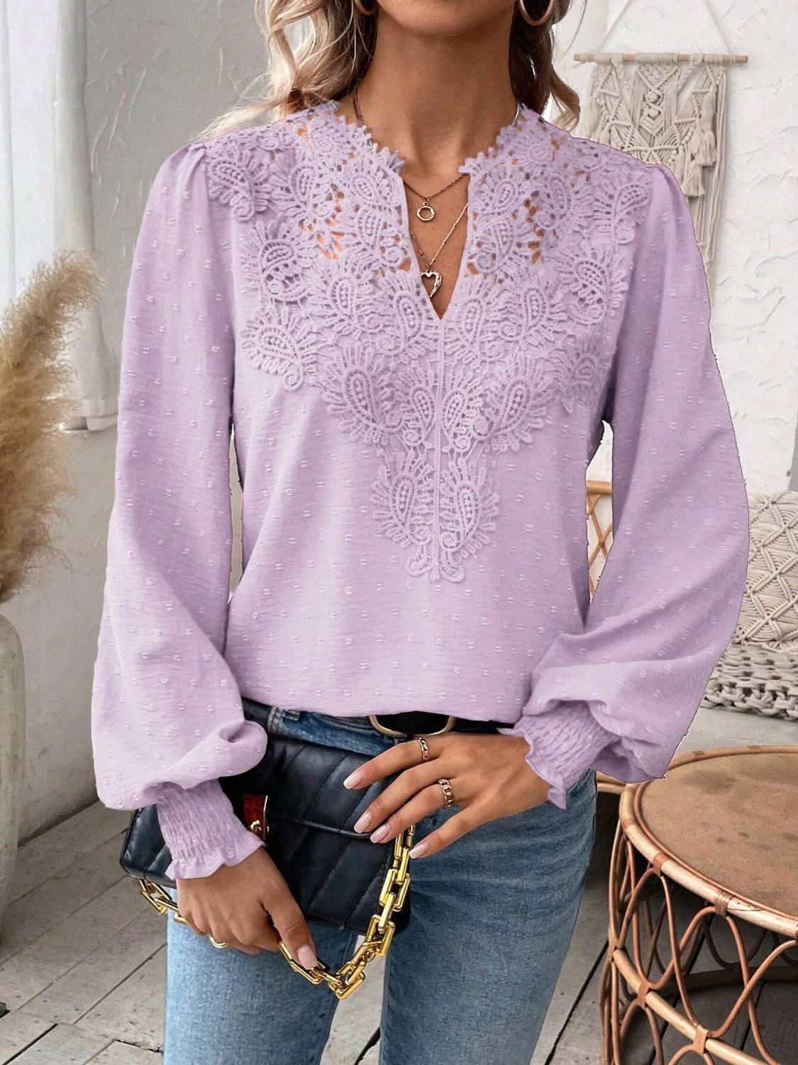 Swiss Dot Lace Detail Notched Long Sleeve Blouse - Image 17