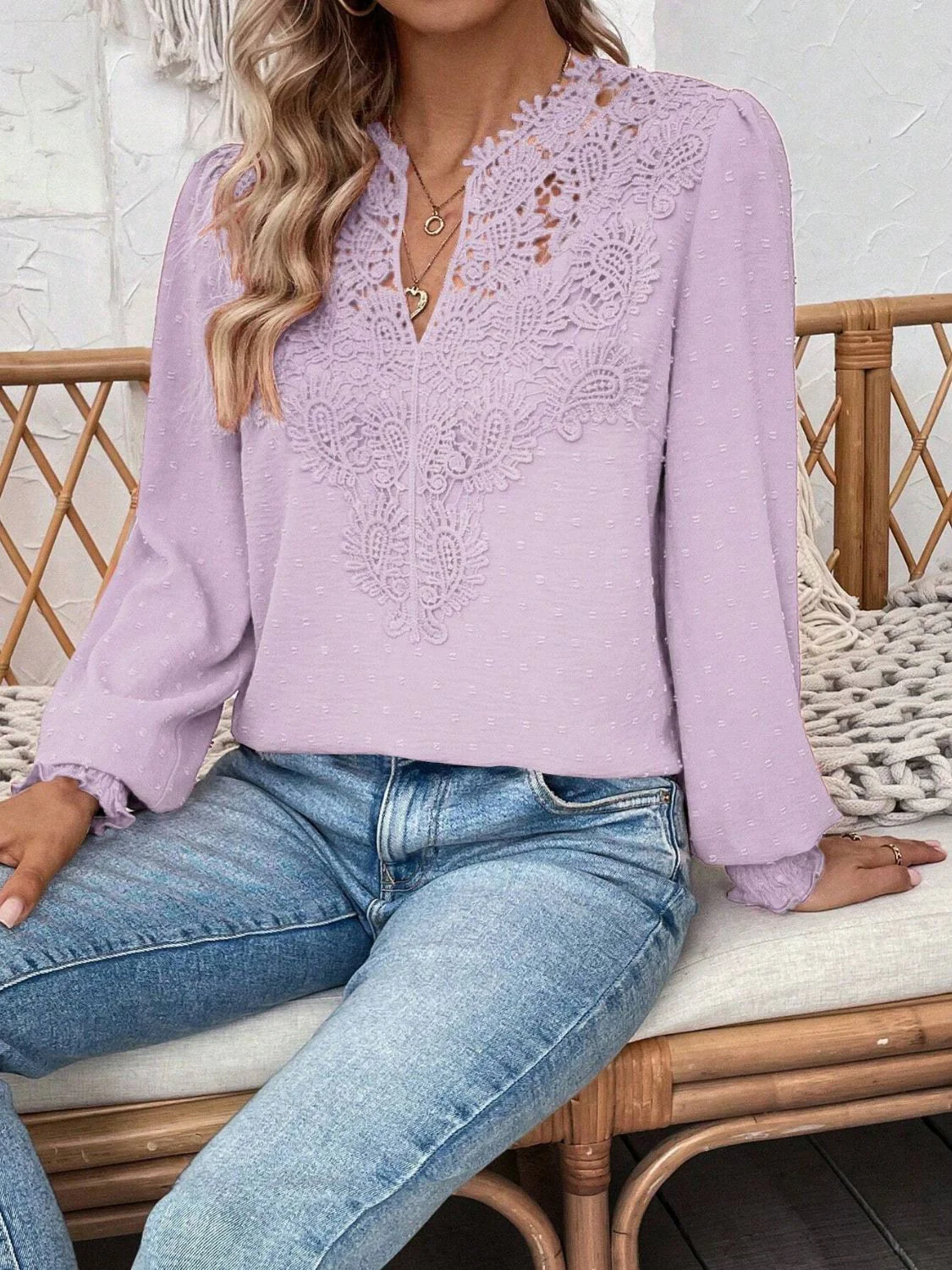 Swiss Dot Lace Detail Notched Long Sleeve Blouse - Image 18